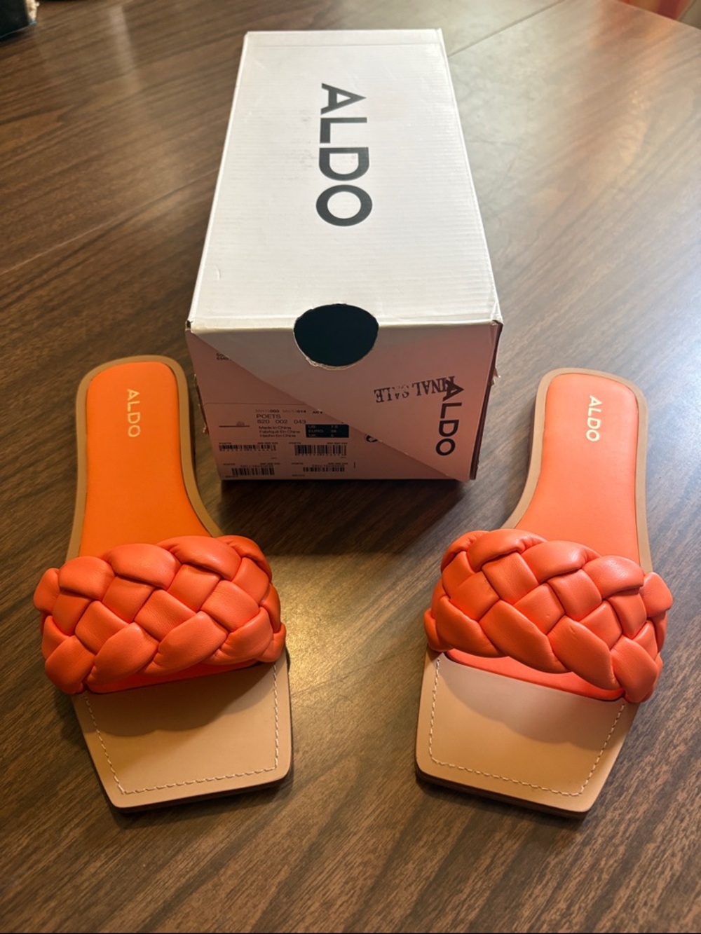 ALDO 7.5 Poets Orange Braided Slide Square Toe Flat Sandals With Box